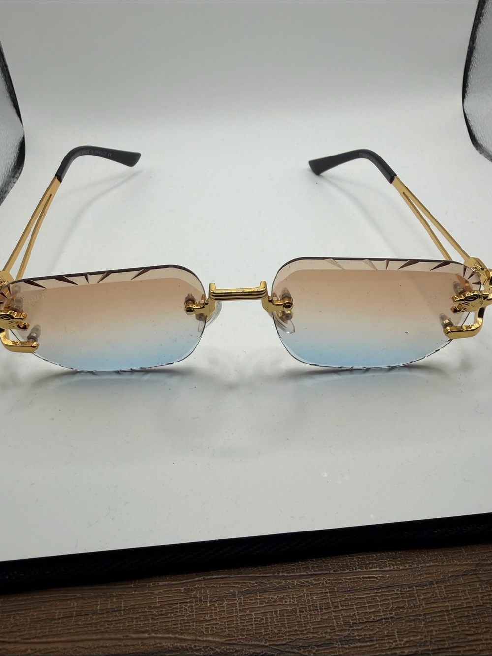 Cartier Gold Frame Gradient Blue-Brown Rimless Sunglasses